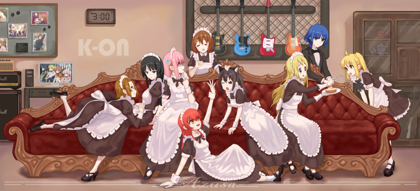 6+girls, absurdres, acoustic_guitar, ahoge, akiyama_mio, alternate_costume, animal_ear_fluff, animal_ear_hairband