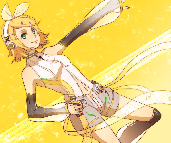 bad_id, blonde_hair, bow, detached_sleeves, green_eyes, hair_bow, hair_ornament, hair_ribbon