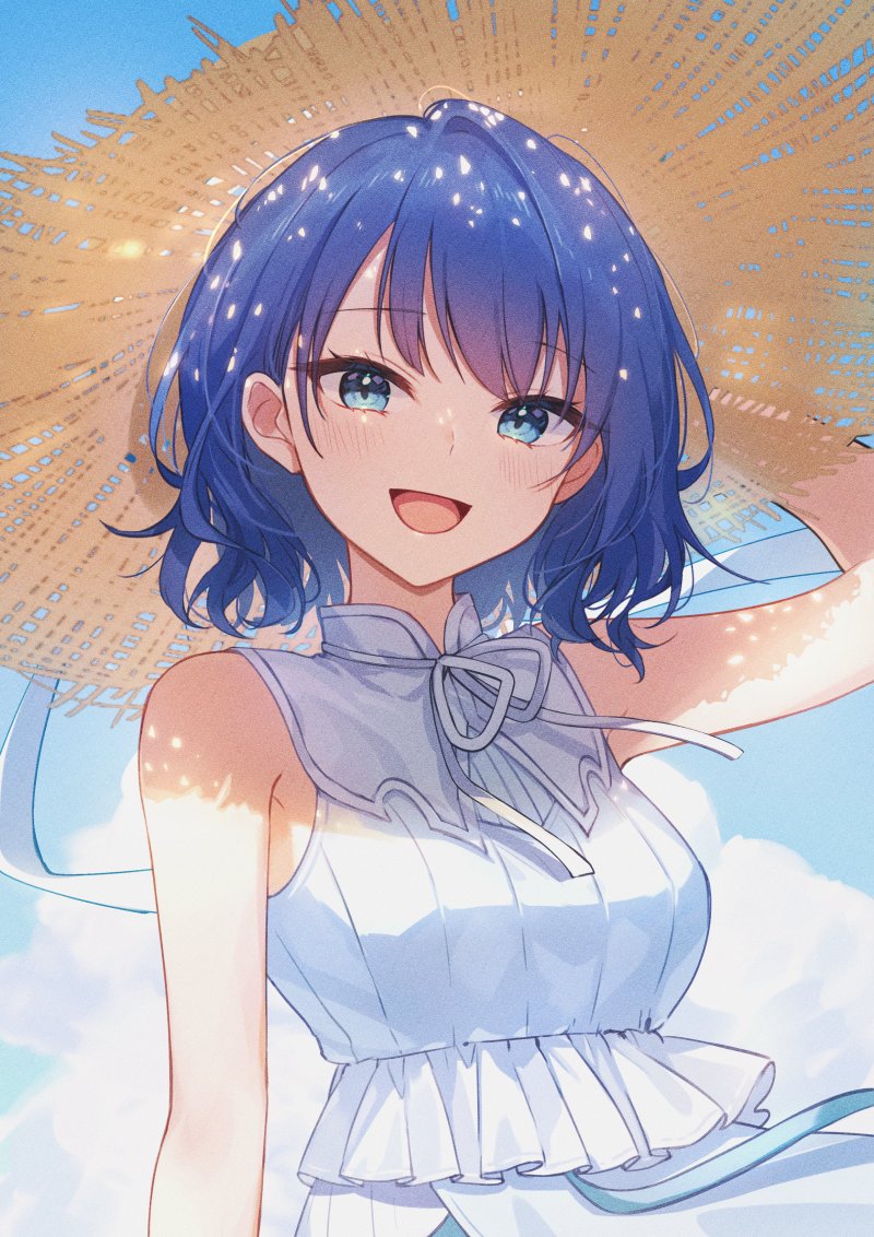 1girl, :d, armpit_crease, bare_arms, blue_eyes, blue_hair, blush, breasts