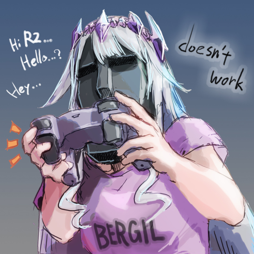 1girl, controller, game_controller, gem, gem_hair_ornament, grey_hair, holding, holding_controller