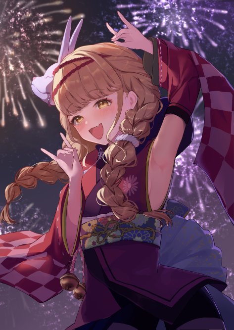 1girl, aerial_fireworks, arm_up, armpits, bell, blonde_hair, blush, bow