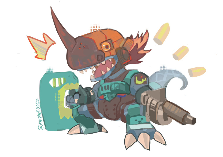 765_nanami, ^^^, blue_skin, body_armor, bulletproof_vest, claws, colored_sclera, colored_skin, digimon_seekers, emblem, fake_horns, full_body, grenade_launcher, gun, helmet, hi-commandramon, highres, holding, holding_gun, holding_shield, holding_weapon, horned_helmet, horns, load_bearing_vest, no_humans, open_mouth, orange_eyes, orange_sclera, redhead, riot_shield, sharp_teeth, shell_casing, shield, short_hair, single_horn, tail, teeth, weapon