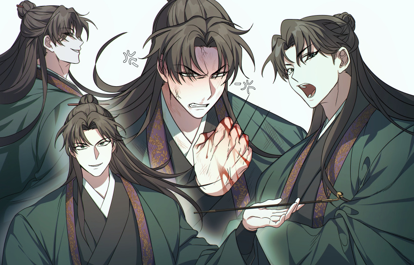 1boy, absurdres, anger_vein, blank_eyes, blood, blood_on_hands, brown_hair, clenched_hand