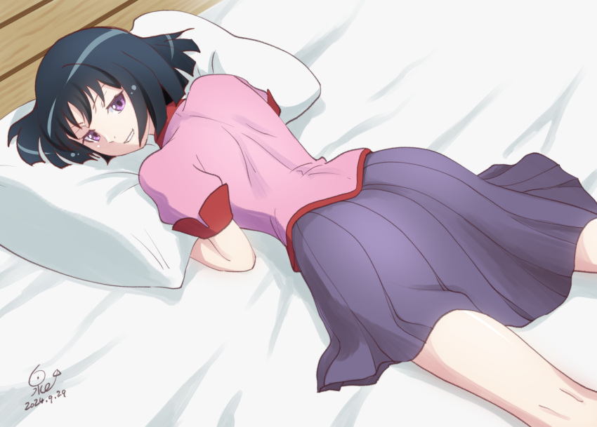 1girl, artist_name, ass, bed_sheet, black_hair, blunt_ends, bob_cut, collared_shirt