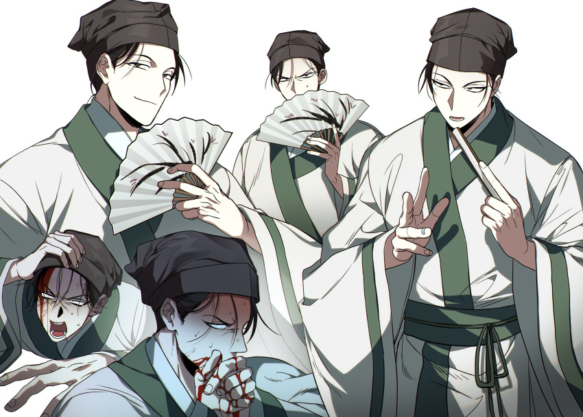 1boy, absurdres, black_hair, blood, blood_on_face, blood_on_hands, brown_hat, covering_own_mouth