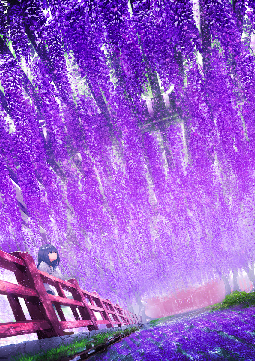 1girl, arm_support, blue_eyes, blue_hair, blue_sailor_collar, blue_skirt, blurry, blurry_background