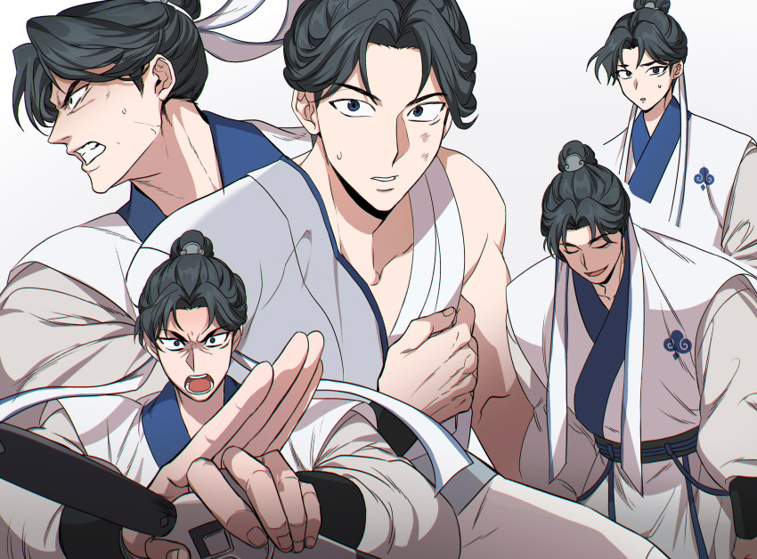 1boy, absurdres, bandages, black_hair, bowing, clenched_teeth, closed_eyes, furrowed_brow, ghkrnlrpseb, hair_bun, hair_ribbon, highres, holding, holding_sword, holding_weapon, korean_clothes, korean_commentary, lee_songbaek, looking_at_viewer, male_focus, multiple_views, open_clothes, return_of_the_mount_hua_sect, ribbon, scar, scar_on_cheek, scar_on_face, sheath, sheathed, simple_background, smile, sweatdrop, sword, teeth, upper_body, weapon, white_background, white_ribbon