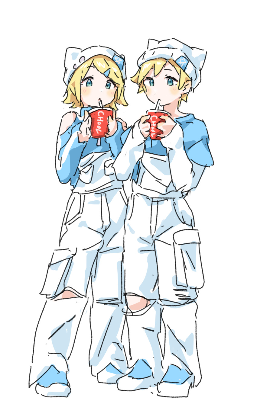 1boy, 1girl, animal_ears, animal_hat, beanie, blonde_hair, cat_hat, clothing_cutout