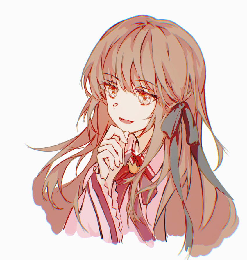 1girl, :d, black_ribbon, brown_eyes, brown_hair, chinese_commentary, commentary_request, cropped_torso, crown, eyelashes, eyes_visible_through_hair, floating_hair, frilled_sleeves, frills, hair_between_eyes, hair_ribbon, hand_up, highres, kazamatsuri_institute_high_school_uniform, long_hair, long_sleeves, looking_ahead, mini_crown, neck_ribbon, open_mouth, red_ribbon, rewrite, ribbon, school_uniform, senri_akane, sidelocks, simple_background, smile, solo, sprb0626, white_background, wide_sleeves