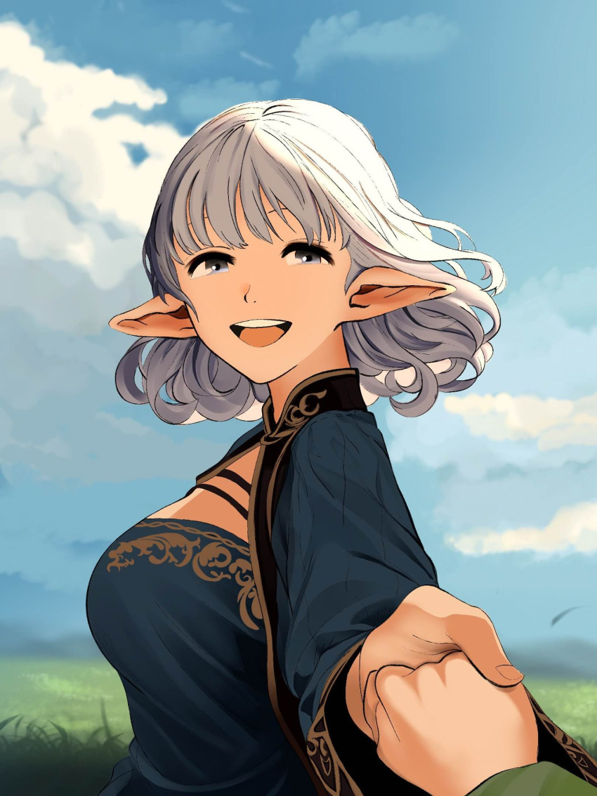 2girls, :d, asimov_(spindle_(aidenr0)), blue_capelet, blue_dress, blue_sky, bob_cut, borrowed_character
