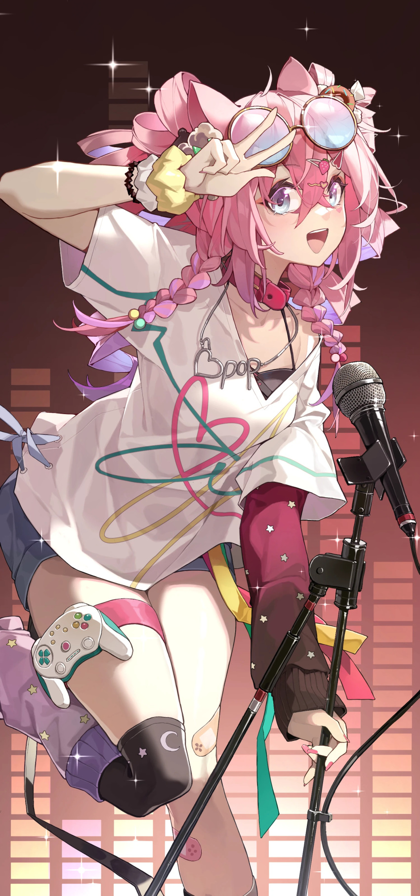 1girl, :d, absurdres, animal_ears, arknights, arm_warmers, bandaid, bandaid_on_leg, belt_collar, black_arm_warmers, black_camisole, black_thighhighs, blue_eyes, blue_shorts, bracelet, braid, camisole, cat_ears, collar, commentary_request, controller, crescent, crescent_pin, doughnut_hair_ornament, drill_hair, eyewear_on_head, feet_out_of_frame, food-themed_hair_ornament, foot_up, game_controller, gradient_arm_warmers, gradient_eyes, hair_between_eyes, hair_bobbles, hair_ornament, hairclip, hand_up, heart, heart_necklace, heart_print, highres, holding, holding_microphone_stand, jewelry, leg_warmers, lingyu_ovo, long_hair, looking_at_viewer, microphone, microphone_stand, multicolored_eyes, necklace, open_mouth, pink_arm_warmers, pink_collar, pink_eyes, pink_hair, pink_leg_warmers, pink_nails, round_eyewear, scrunchie, shirt, shorts, single_arm_warmer, smile, solo, sparkle, strawberry_hair_ornament, teeth, thigh-highs, thigh_strap, twin_braids, u-official_(arknights), upper_teeth_only, w, white_shirt, wrist_scrunchie