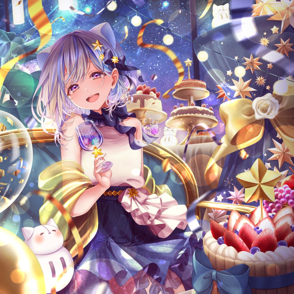 1girl, :d, animal_ears, balloon, blue_hair, blue_skirt, blueberry, bow