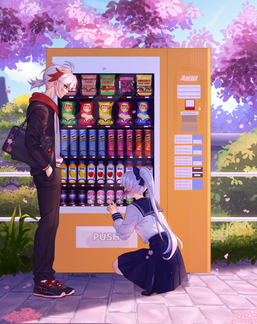 1boy, 1girl, alternate_costume, annidrw, black_footwear, black_jacket, black_pants, blue_hair