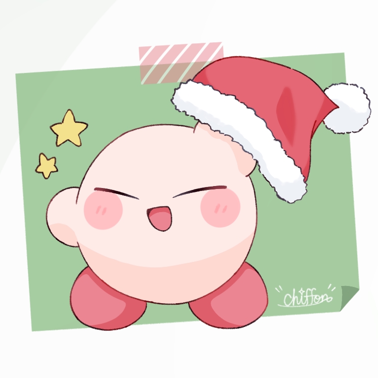 airi_chiffon, arm_up, blush_stickers, christmas, closed_eyes, commentary_request, hat, holding