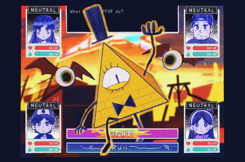 2boys, 2girls, amecandle_143, baseball_cap, bill_cipher, black_hat, blush, character_request, closed_mouth, dipper_pines, gravity_falls, hairband, hat, highres, long_hair, mabel_pines, multiple_boys, multiple_girls, omori, one-eyed, parody, short_hair, soos_ramirez, style_parody, sweat, top_hat