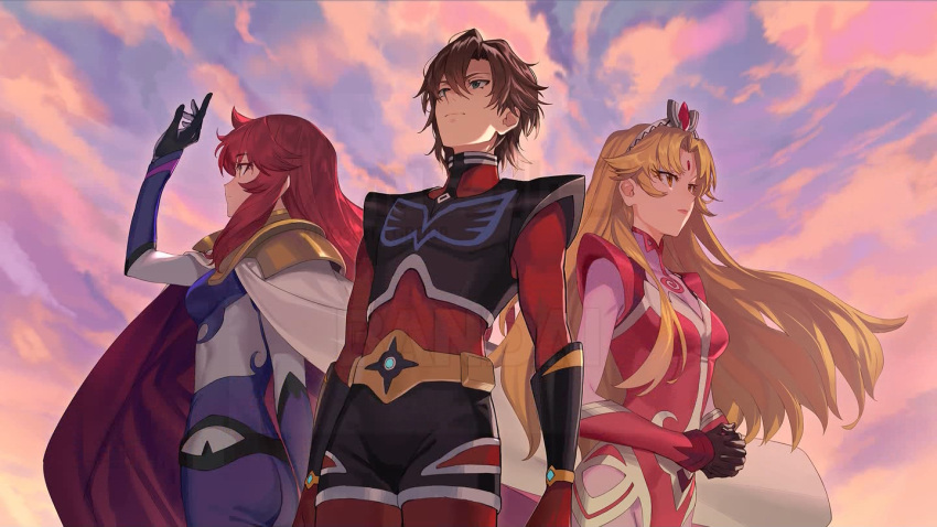 1boy, 2girls, armor, artist_request, blonde_hair, blue_eyes, bodysuit, brown_hair