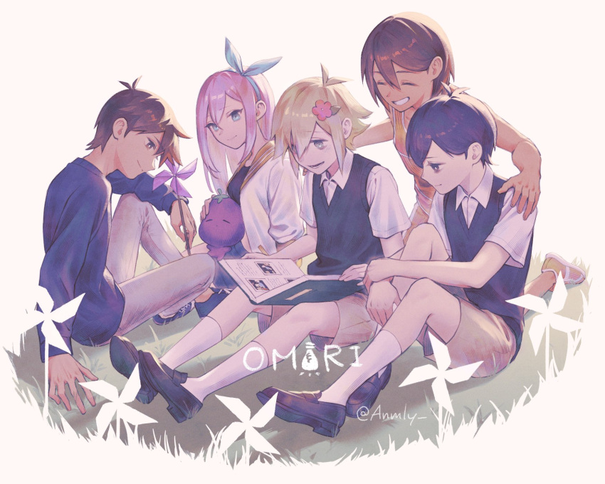1girl, 4boys, aubrey_(faraway)_(omori), aubrey_(omori), basil_(faraway)_(omori), basil_(omori), black_sweater_vest, blonde_hair