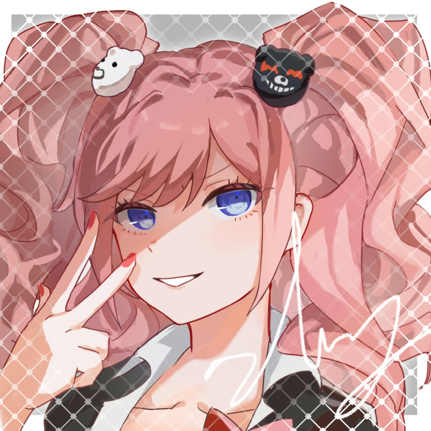 1girl, bear_hair_ornament, black_shirt, blue_eyes, collarbone, commission, danganronpa:_trigger_happy_havoc, danganronpa_(series)