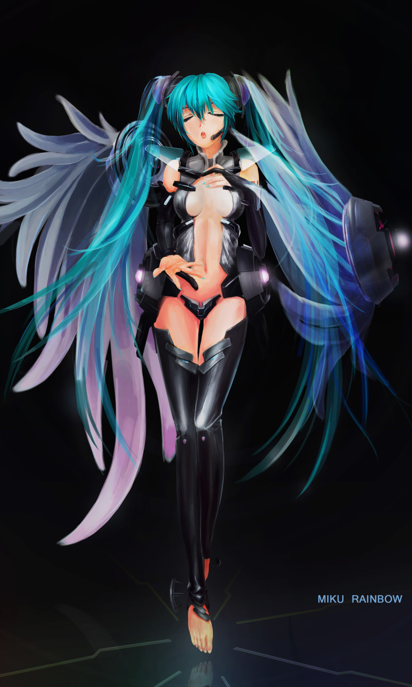 alternate_costume, aqua_hair, barefoot, belt, breasts, bridal_gauntlets, closed_eyes, eyes_closed, hatsune_miku, hatsune_miku_(append), highres, long_hair, long_toes, miku_append, nail_polish, navel, open_mouth, solo, toeless_socks, twintails, ushas, very_long_hair, vocaloid, vocaloid_append