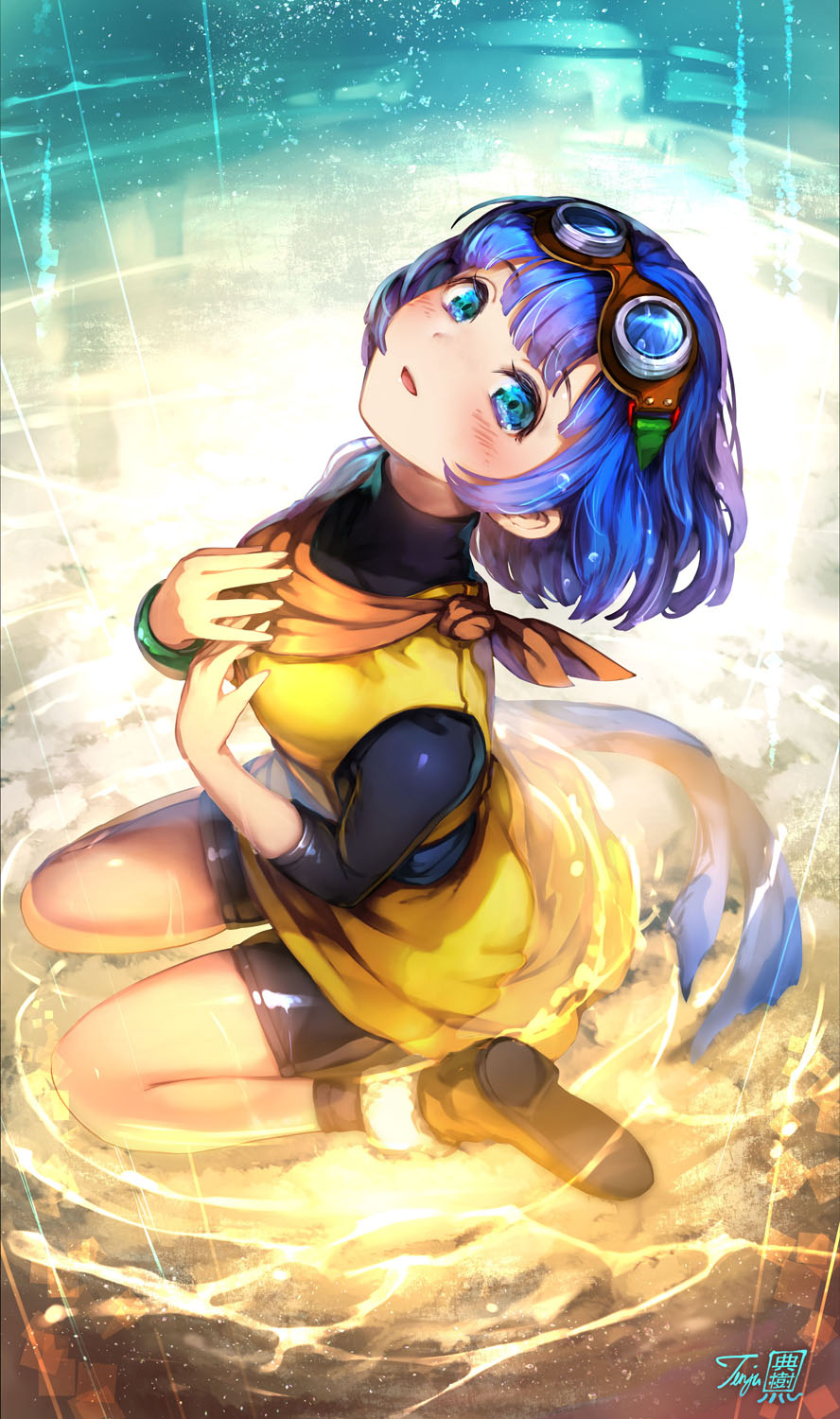1girl, bike_shorts, bike_shorts_under_skirt, blue_eyes, blue_hair, blue_sash, blunt_bangs, boots