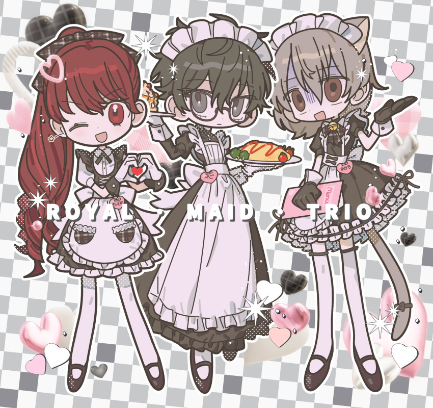 1girl, 2boys, ;d, akechi_gorou, alternate_costume, amamiya_ren, animal_ears, apron
