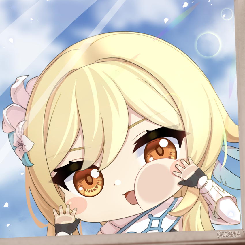 1girl, absurdres, against_glass, artist_name, black_gloves, blonde_hair, blurry, blurry_background