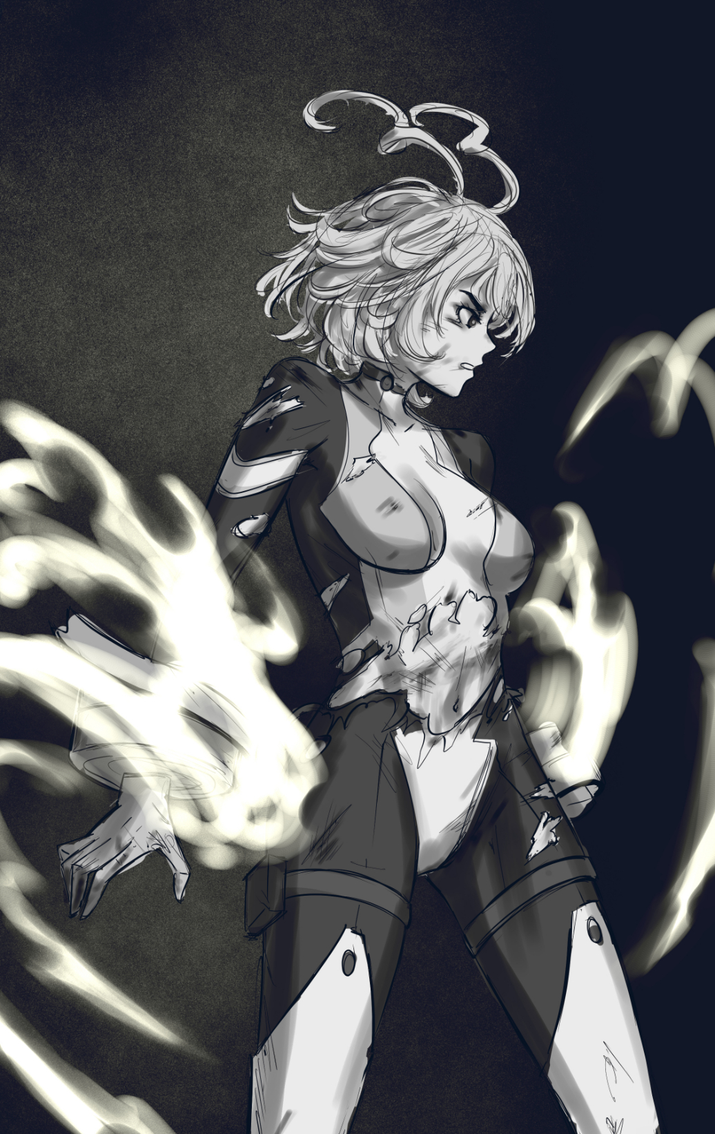 1girl, bodysuit, boku_no_hero_academia, bruise, drill_hair, energy, greyscale, hadou_nejire, hair_horns, highres, injury, monochrome, navel, official_alternate_hair_length, official_alternate_hairstyle, punchingwater, scratches, solo, superhero_costume, torn_bodysuit, torn_clothes, twin_drills