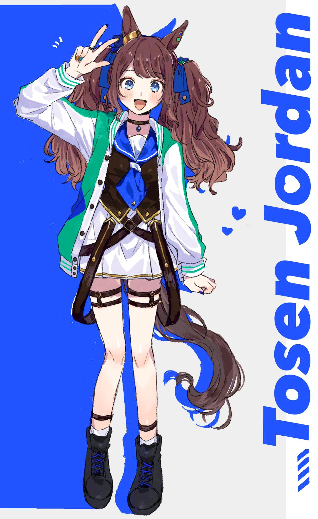 1girl, animal_ears, arm_at_side, arm_up, black_footwear, blue_eyes, blue_neckerchief, blush