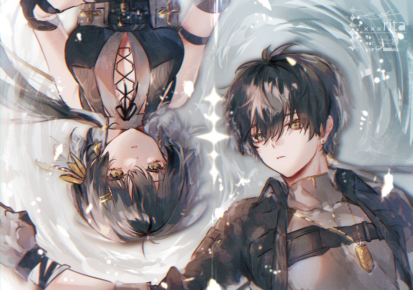 1boy, 1girl, black_dress, black_gloves, black_hair, black_jacket, breasts, cleavage_cutout