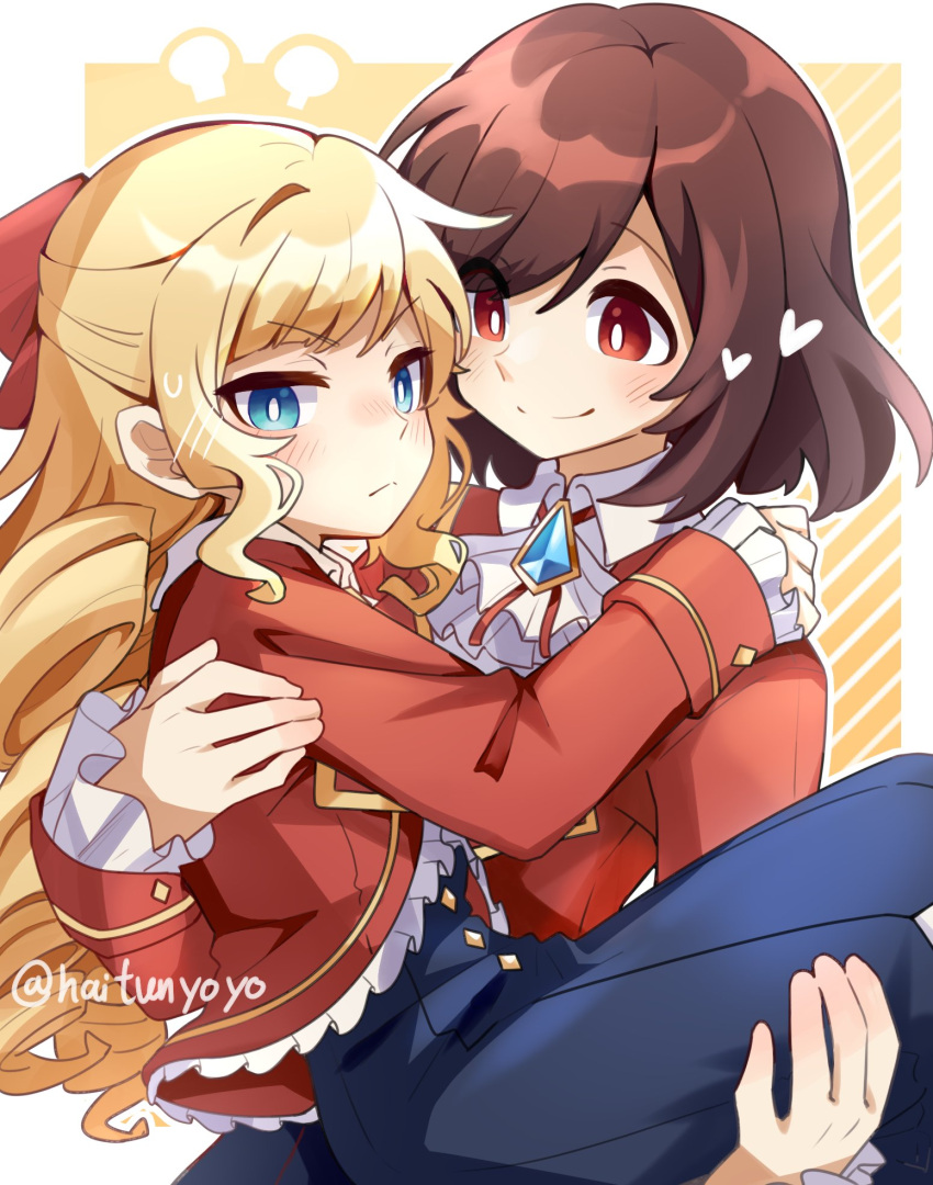 2girls, ascot, blonde_hair, blue_eyes, blush, bow, brown_hair, carrying