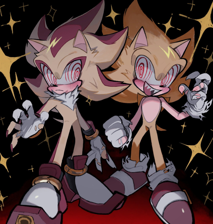 2boys, @_@, animal_ears, animal_nose, black_background, blush, claws, closed_mouth, commentary, fleetway_super_sonic, full_body, furry, furry_male, gloves, highres, looking_at_another, male_focus, multiple_boys, open_mouth, red_footwear, shadow, shadow_the_hedgehog, shoes, smile, sonic_(series), sonic_the_comic, sonic_the_hedgehog, sparkle, standing, super_shadow, super_sonic, super_sonic_(fleetway), symbol-only_commentary, tail, torn_clothes, torn_gloves, white_gloves, xxxxx0099e