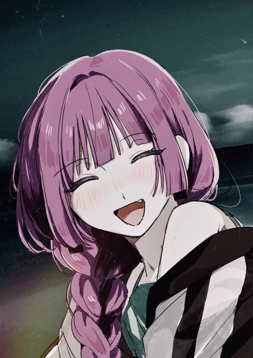 1girl, ^_^, bare_shoulders, blush, bocchi_the_rock!, braid, braided_ponytail, closed_eyes