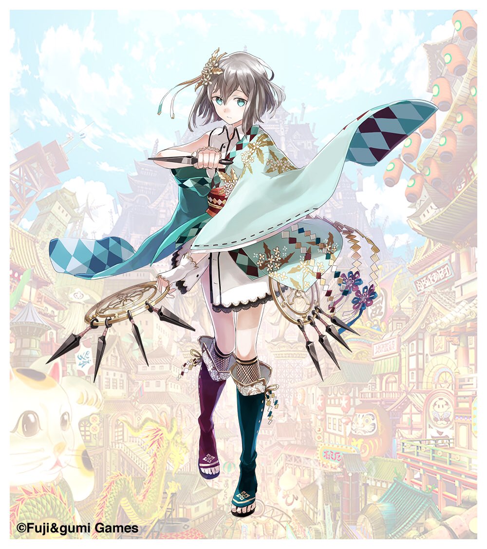 1girl, aqua_eyes, closed_mouth, commentary_request, company_name, full_body, green_kimono, grey_hair