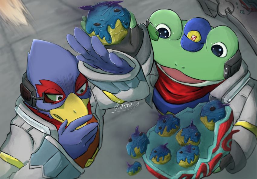 2boys, blue_eyes, dessert, falco_lombardi, fingerless_gloves, food, frog, furry, gloves, green_eyes, hat, highres, jacket, multiple_boys, nico_tama, open_mouth, scene_reference, slippy_toad, smile, star_fox, starlink:_battle_for_atlas