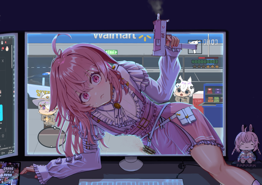 1girl, ahoge, animal_ears, character_doll, closed_mouth, commentary, computer_keyboard, dress