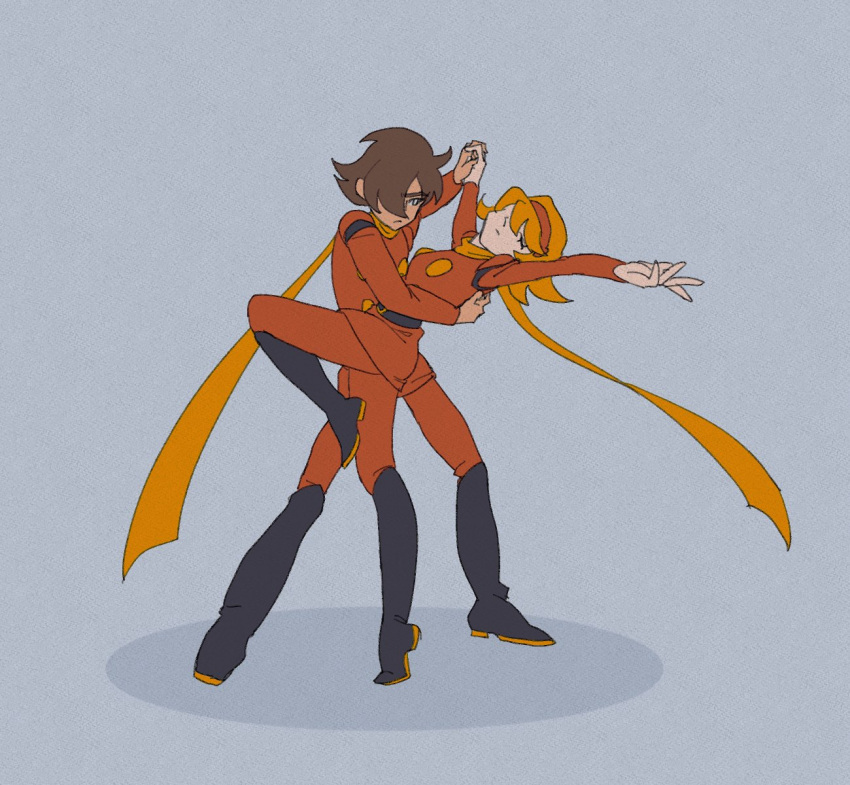 1boy, 1girl, blonde_hair, boots, brown_hair, closed_eyes, coat, couple, cyborg, cyborg_009, francoise_arnoul, hair_over_one_eye, highres, long_hair, military_uniform, red_coat, rvngofmackerel, scarf, shimamura_joe, short_hair, simple_background