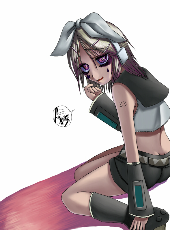 aebafuti, al_bhed_eyes, arm_support, hair_ribbon, kagamine_hiso, kagamine_rin, original, ribbon, ringed_eyes, sitting, skull, solo, star, vocaloid