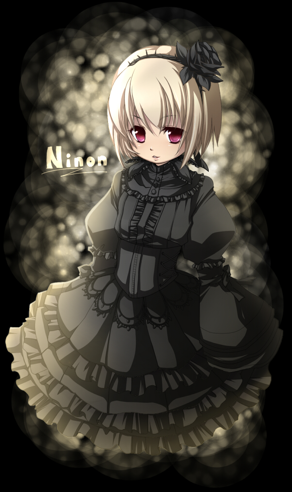 1girl, black_dress, black_flower, black_hairband, black_rose, blonde_hair, character_name, dress