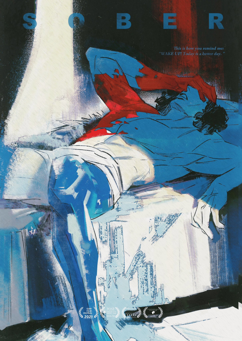 1boy, black_hair, blue_theme, cheekbones, hand_on_own_face, highres, kuzan_(aokiji), lying