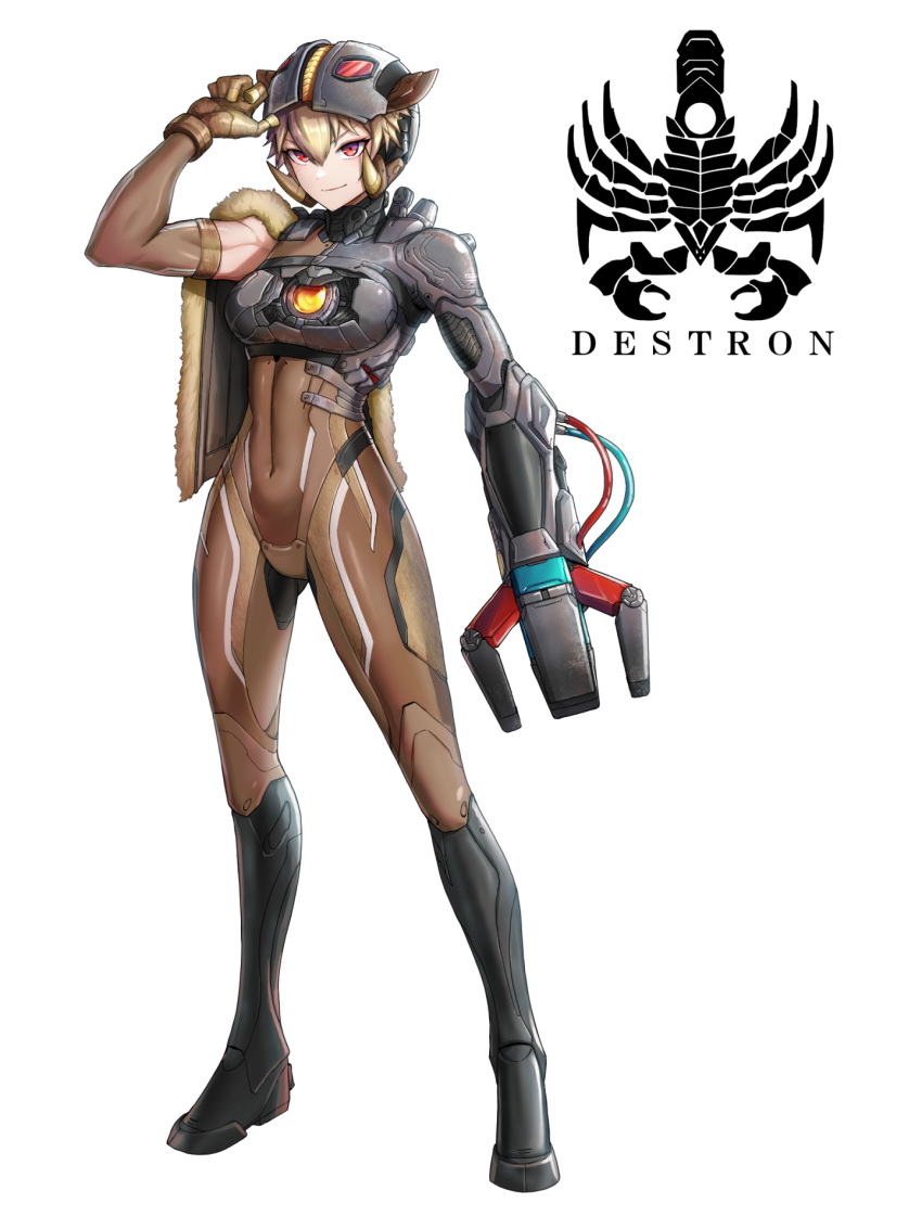 1girl, blonde_hair, boar_girl, bodysuit, brown_bodysuit, brown_gloves, cape, commentary, covered_navel, cyborg, eidenjyou1997, elbow_gloves, english_commentary, fur-trimmed_cape, fur_trim, genderswap, genderswap_(mtf), gloves, helmet, highres, jishaku_inoshishi, kaijin, kamen_rider, kamen_rider_v3_(series), logo, magnet, mechanical_arms, monster_girl, red_eyes, simple_background, single_elbow_glove, single_mechanical_arm, solo, visor_(armor), white_background, wire