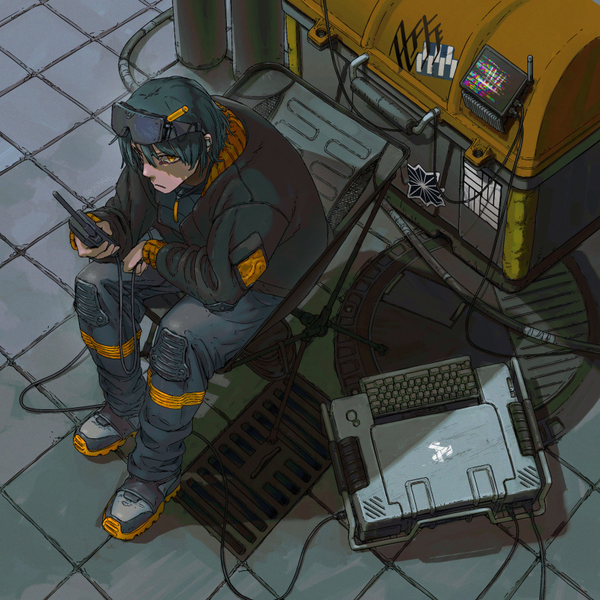 1boy, artist_name, chair, commentary, computer_keyboard, cyberpunk, eyewear_on_head, folding_chair