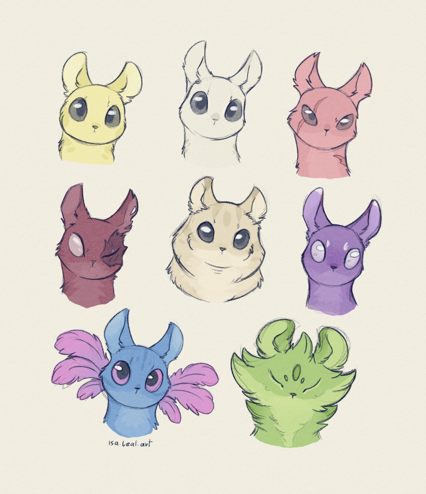 animal_focus, artificer_(rain_world), artist_name, black_eyes, blue_fur, body_fur, closed_eyes, commentary, creature, english_commentary, facial_mark, forehead_mark, gourmand_(rain_world), green_fur, highres, hunter_(rain_world), isa_leal_art, monk_(rain_world), no_humans, no_mouth, no_pupils, pink_eyes, purple_fur, rain_world, red_fur, rivulet_(rain_world), saint_(rain_world), scar, scar_across_eye, simple_background, slugcat, spearmaster_(rain_world), survivor_(rain_world), white_background, white_eyes, white_fur, yellow_fur