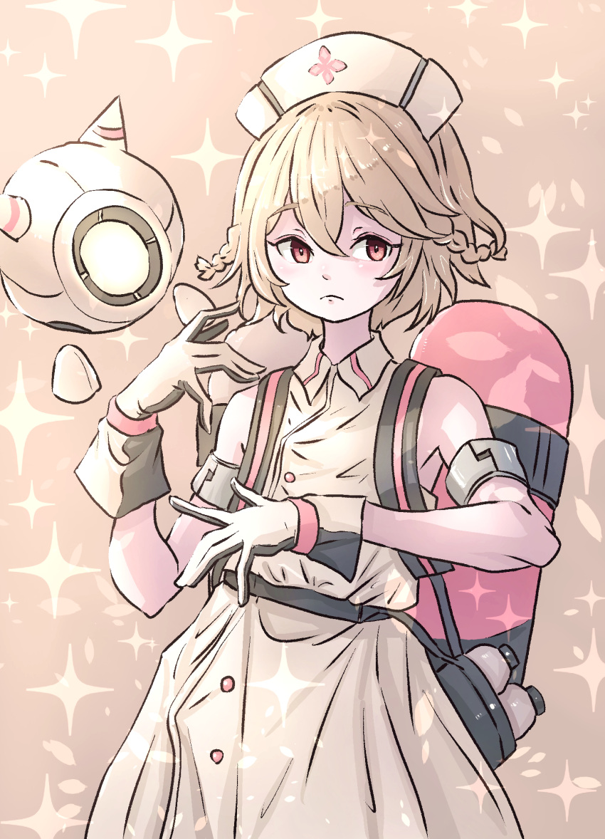 1girl, bare_shoulders, black_gloves, blonde_hair, braid, buttons, closed_mouth, collared_dress, double-parted_bangs, dress, drone, frown, gloves, hair_between_eyes, hat, highres, mamesan0031, nurse, nurse_cap, nurse_robot_type_t, red_eyes, short_hair, side_braids, sleeveless, sleeveless_dress, solo, sparkle, tank_(container), two-tone_gloves, utau, white_dress, white_gloves, white_hat