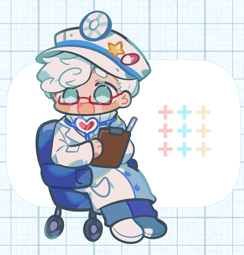 1boy, :d, aqua_eyes, blue_background, blue_pants, chibi, chibi_only, clipboard