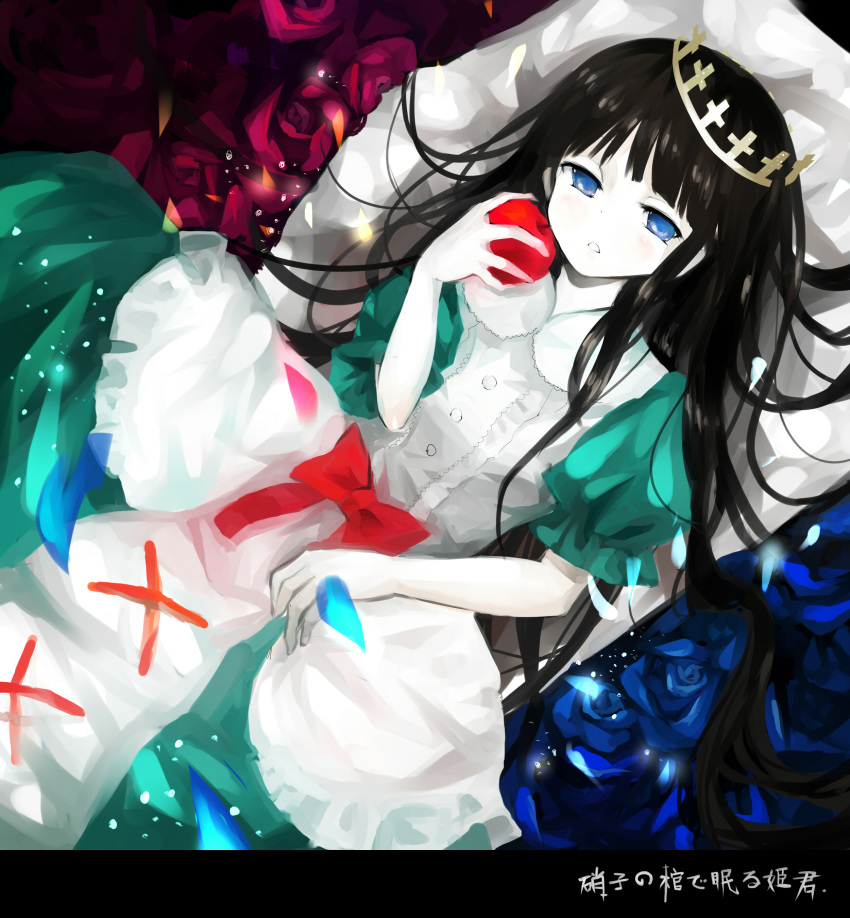 1girl, absurdres, apple, aqua_dress, bilingual_commentary, black_hair, blue_eyes, blue_flower