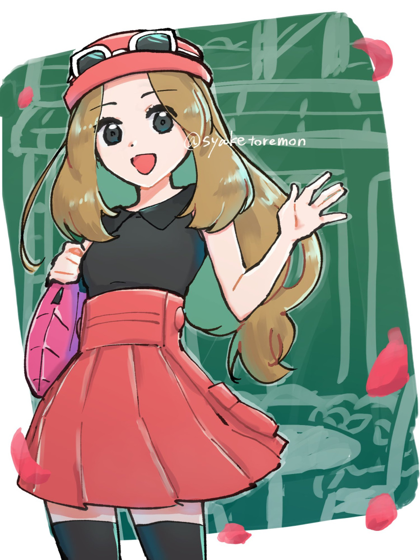 1girl, :d, bag, black_eyes, black_shirt, black_thighhighs, blonde_hair, eyewear_on_headwear