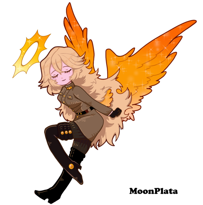 1girl, angel, angel_wings, blonde_hair, boots, closed_eyes, feathered_wings, funamusea
