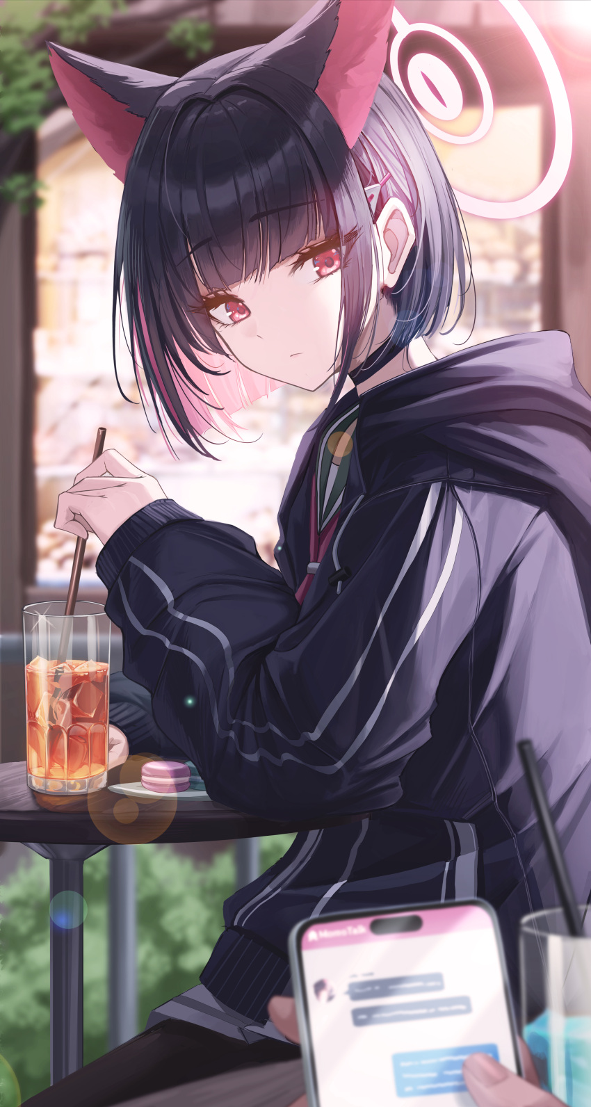1girl, 1other, absurdres, animal_ears, black_choker, black_hair, black_jacket, black_pantyhose