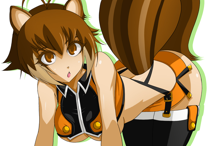 ahoge, animal_ears, antenna_hair, ass, bare_shoulders, bent_over, blazblue, boots, breasts, brown_eyes, brown_hair, makoto_nanaya, midriff, miniskirt, multicolored_hair, short_hair, skirt, squirrel_ears, squirrel_girl, squirrel_tail, tail, thigh-highs, thigh_boots, thighhighs, two-tone_hair, ultraspank, under_boob, underboob