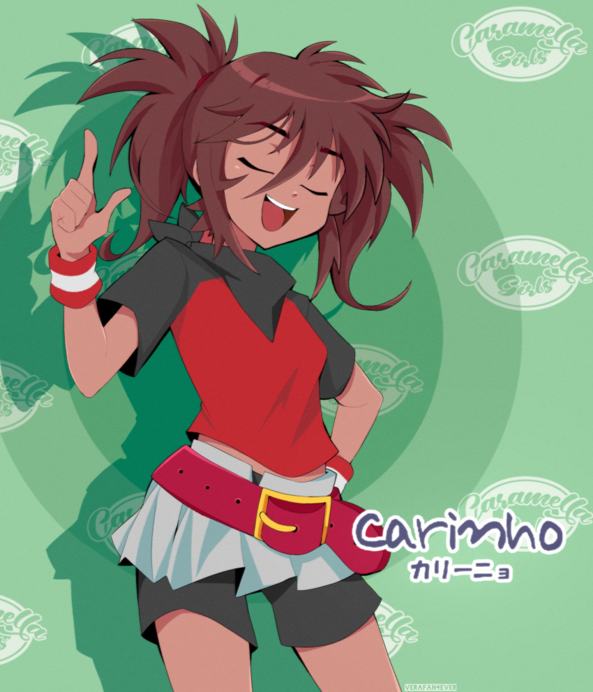 1girl, belt, breasts, brown_hair, caipirinha_(meme), caramella_girls, closed_eyes, commentary